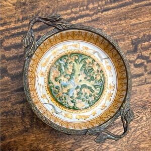 Vintage Wong Lee Chinese Brass Porcelain Enameled Coaster Footed Small Plate